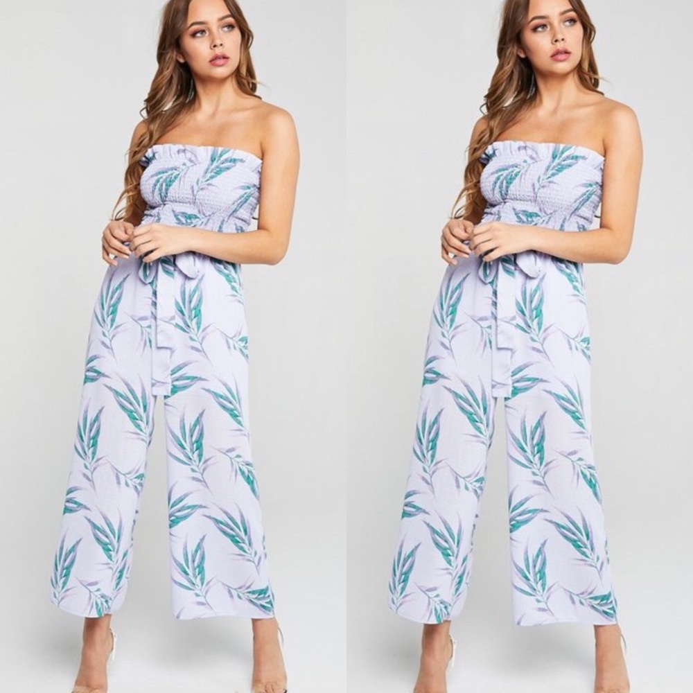 Tropical Strapless Smocked Jumpsuit